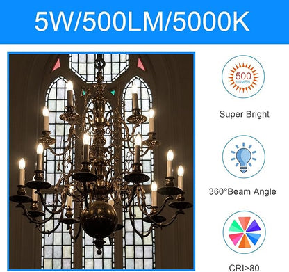 Energetic LED Candelabra Light Bulbs B10, Daylight 5000K, E12 Base, 60 Watt Equivalent Chandelier LED Edison Bulbs, Dimmable, 24 Pack
