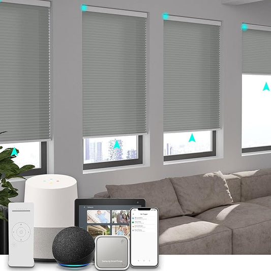 Changshade Smart Motorized Cellular Shades Remote Control for Indoor Windows Doors, Custom Size Electric Automatic Light Filtering Honeycomb Blinds Work with Alexa, Google Home, Smarthings, Grey