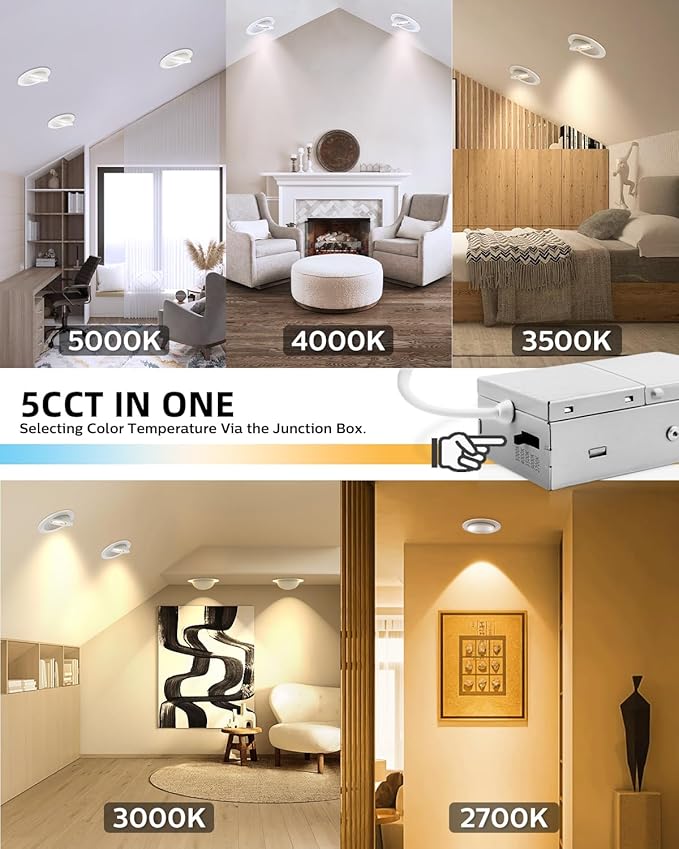 Adetu 4 Inch Gimbal LED Recessed Lights, 360+90 Adjustable Directional Recessed Lighting, 2700K/3000K/3500K/4000K/5000K Dimmable Retrofit Eyeball Can Lights with Jbox, ETL, White, 12 Pack