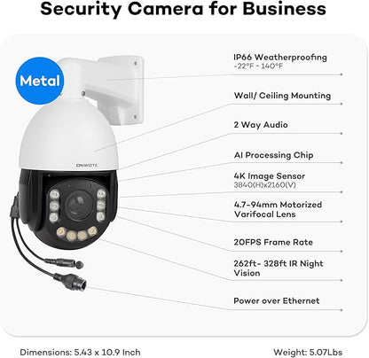 ONWOTE 20X Optical Zoom 4K PTZ PoE IP Security Camera, Auto Cruising& Human Tracking, AI Detection Trigger Color Night Vision, 360° Pan 95° Tilt, Two Way Talk, 262-328ft IR, Outdoor Commercial Camera