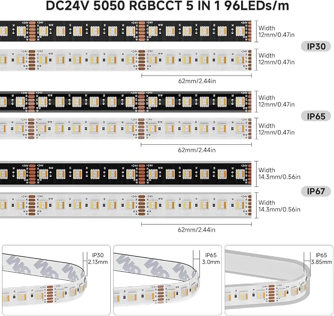 BTF-LIGHTING RGBCCT LED Strip UL Listed 16.4ft 96LED/m 300LED DC24V IP65 | White LED Tape 12mm wide 5 Colors in 1 RGB+Dimmable Tunable Color Temperature 2700K-6500K for Decor(No Adapter or Controller)