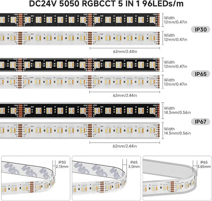 BTF-LIGHTING RGBCCT LED Strip UL Listed 16.4ft 96LED/m 300LED DC24V IP67 | White LED Tape 12mm wide 5 Colors in 1 RGB+Dimmable Tunable Color Temperature 2700K-6500K for Decor(No Adapter or Controller)
