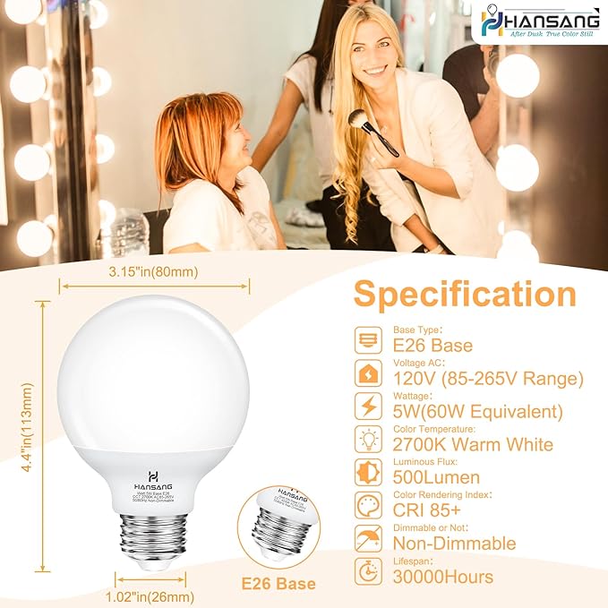 G25 Vanity Light Bulb 2700K Warm White 8 Pack, LED Globe Light Bulbs for Bathroom Vanity Mirror,E26 Medium Screw Base,5W 60W Incandescent Equivalent,500 Lumen,Non-dimmable