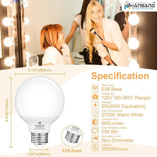 12 Pack Vanity Light Bulbs for Bathroom, 2700K Warm White E26 Base Round LED Globe Bulb, 60W Equivalent, G25 Vanity Light Bulb for Makeup Mirror Bedroom 120V, CRI85+, 500LM, Non-dimmable