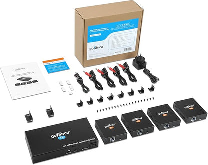 gofanco 1080p 1x4 HDMI Extender Splitter Over CAT5e/6/7 Ethernet Cable - Up to 165ft (50m), HDMI Local Loopout, PoC, EDID, IR Extension, 5.1/7.1ch Audio, Mountable, 1 in 4 Out (HDExt4P-Pro, v2.0)