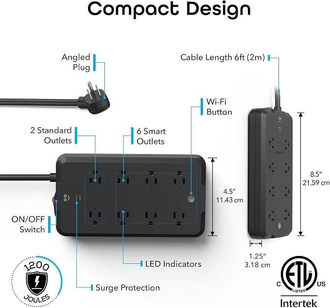Geeni Surge Ultra Smart 8-Outlet Surge Protector, No Hub, 6 ft. Cord, Black | 6 smart outlets, 2 always-on outlets, Wi-Fi & voice control, 1200 joules protection