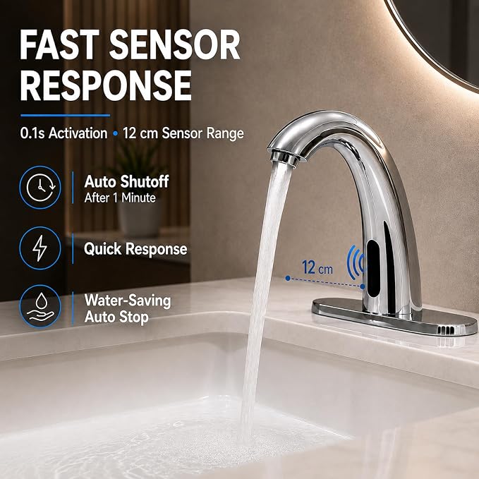 Chrome Touchless Bathroom Sink Faucet - Automatic Sensor Faucet - Dual Power Supply 110V AC or Battery Operated for Commercial