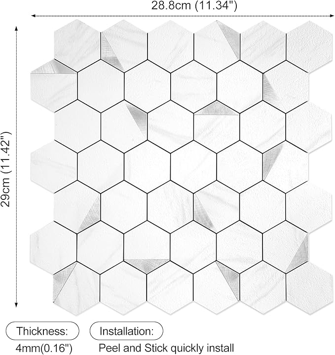 20-Sheet Hexagonal Peel and Stick Backsplash, Jazz White Kitchen Backsplash Wall Tiles, Stone Surface Waterproof Stick on Tile for Bathroom, RV, Fireplace