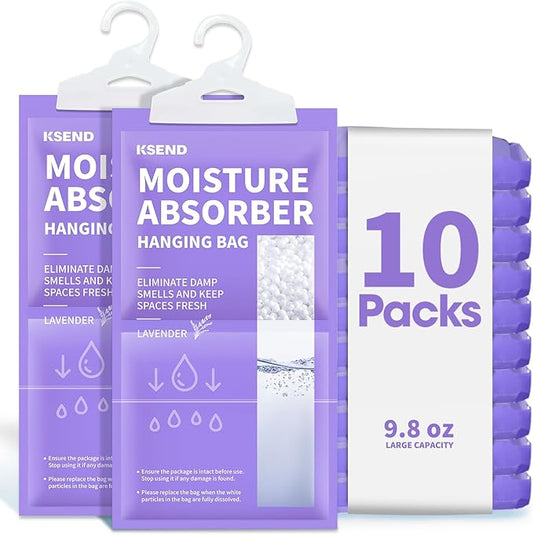 Ksend Moisture Absorbers 10 Pack, 9.8 Oz Compact Dehumidifier Bags & Packs, Moisture Hanging Bag, Humidity Absorbers, Closet Deodorizer Against Musty Odors, Lavender Scent, 11.8" x 6.3"