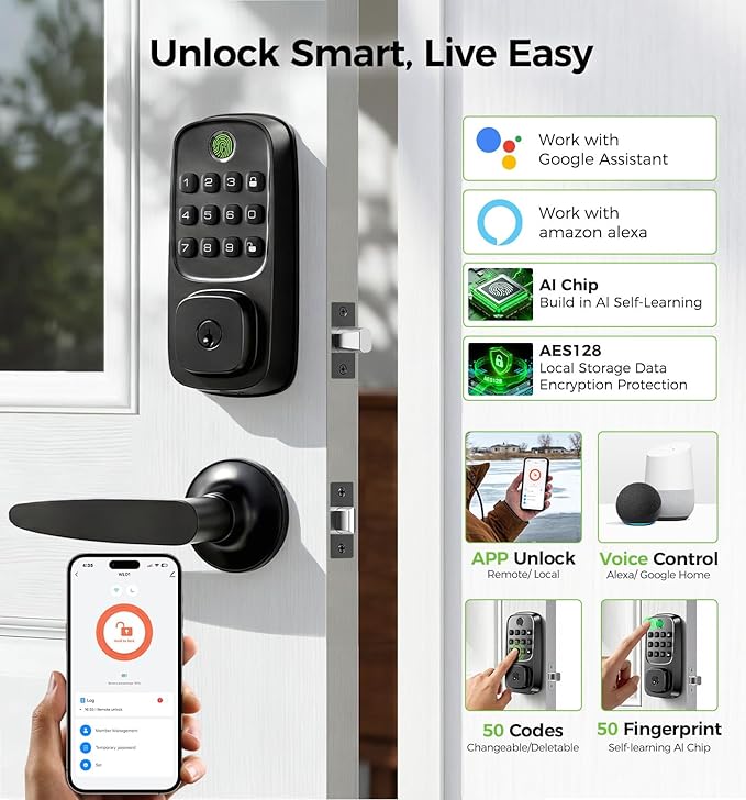 WiFi Smart Door Locks for Front Door Lock Set, Keyless Entry Door Lock Deadbolt with Handle Set, Smart Deadbolt Lock with Alexa & Google Assistant, APP Control, Voice& Fingerprint Unlock, Auto Locking