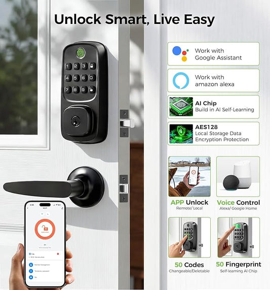 WiFi Smart Door Locks for Front Door Lock Set, Keyless Entry Door Lock Deadbolt with Handle Set, Smart Deadbolt Lock with Alexa & Google Assistant, APP Control, Voice& Fingerprint Unlock, Auto Locking
