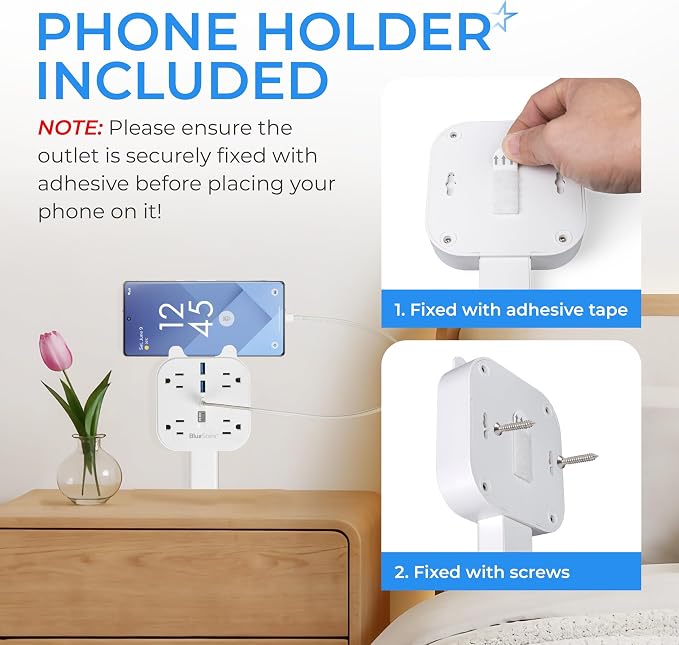 Electrical Outlet Extender Stick, 360° Rotating Wall Outlet Expander with 4 AC Outlets, USB-C PD 20W Fast Charging, 2 USB-A & 2 USB-C Ports, 18"-27" Adjustable Power Strip for Hard-to-Reach Outlets