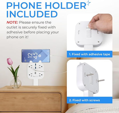 Electrical Outlet Extender Stick, 360° Rotating Wall Outlet Expander with 4 AC Outlets, USB-C PD 20W Fast Charging, 2 USB-A & 2 USB-C Ports, 18"-27" Adjustable Power Strip for Hard-to-Reach Outlets