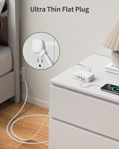 Flat Plug Extension Cord, 6 Ft Ultra Thin Power Strip with 4 AC Wide Spaced Outlets and 4 USB (2 USB-C) Ports, No Surge Protector for Cruise Ship, White Extension Cord for Travel Home Office