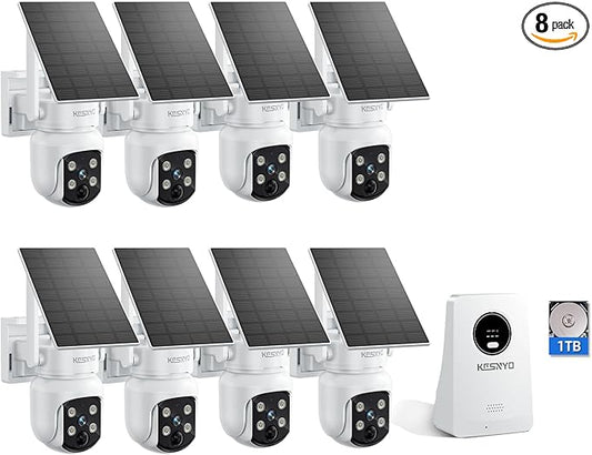 Solar Security Cameras Wireless Outdoor, 4MP Solar Powered, 8 Cam kit, Color Night Vision, 360° PTZ, 1TB HDD Local Recording, No Monthly Fees
