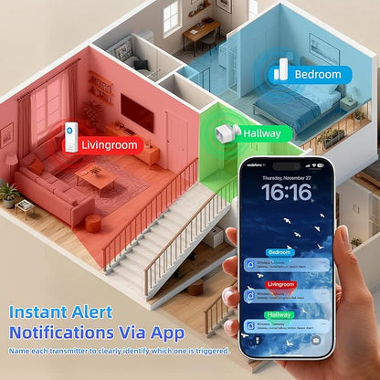 WiFi Sensor, Smart Motion Detector Kit with Phone App Alerts, Includes Gateway Hub, PIR Motion Sensor, Doorbell Button, Door Sensor, DIY Burglar Alarm for Home Business Apartment (Only 2.4GHz)