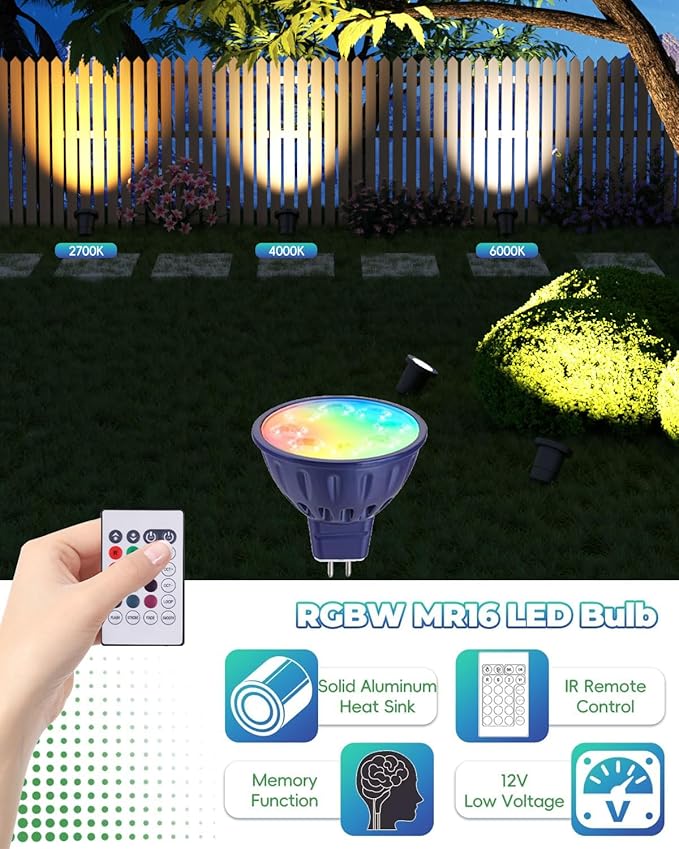 RGBW Color Changing MR16 LED Bulbs, CCT Tunable 2700K to 6500K, Dimmable with Remote Control, Memory Function, GU5.3 Bi-pin Base Light Bulbs for 12V Low Voltage Landscape Lighting 3-Pack