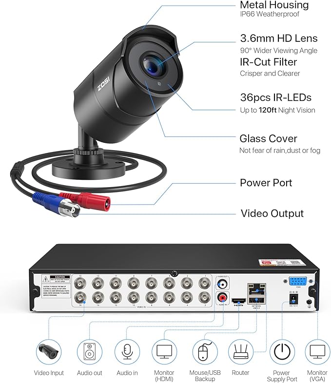 ZOSI 16CH 3K Lite Security Camera System with Audio, AI Human/Vehicle Detection, Night Vision, 8 x 1080P Metal Weatherproof Wired Cameras, 16 Channel Surveillance DVR with 2TB HDD for 24/7 Recording