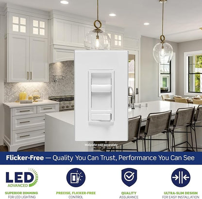 Leviton SureSlide LED Advanced Dimmer Switch for 150W Dimmable LED, Halogen and Incandescent Bulbs and Fixtures, 66741-W, White