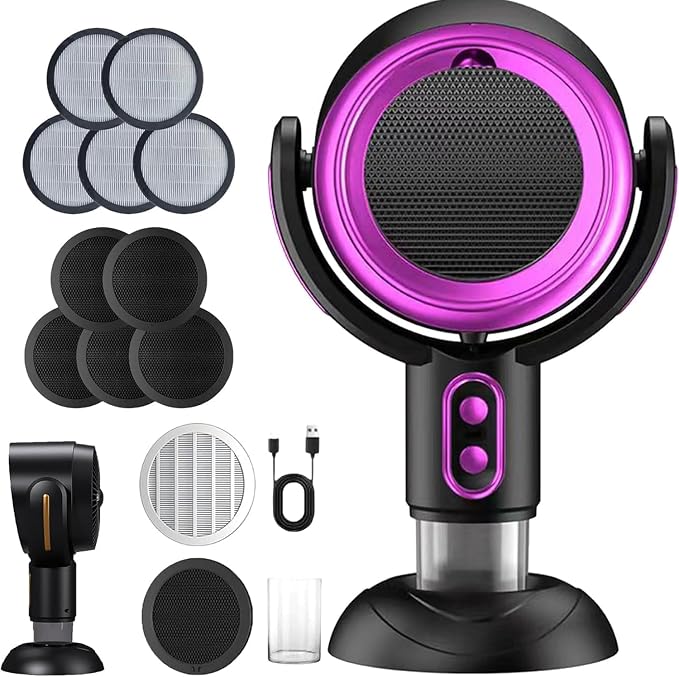 Portable Smoke Fan for Smoking Indoors, Rechargeable Smoke Eliminator for Home Smoking, Air Purifier with Removable Filter, Household Desktop Range Hood for Cooking (Purple with 5PC filter, Plug-in)