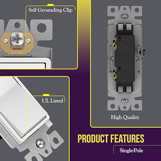 ENERLITES Decorator Paddle Rocker Light Switch, Gloss Finish, Single Pole, 3 Wire, Grounding Screw, Residential Grade, 15A 120V/277V, UL Listed, 91150-W-10PCS, White (10 Pack)