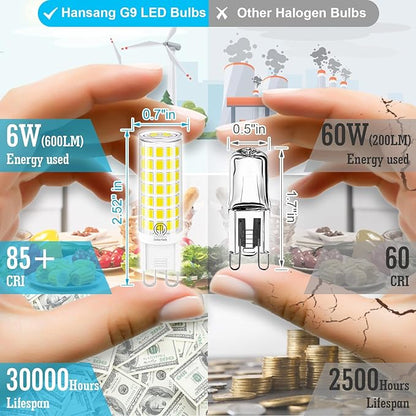 10-Pack G9 LED Bulbs 6000K Daylight, 6W 60W Equivalent, 600LM Warm White T4 Crystal Chandelier Lights, G9 Bi-Pin Ceramic Base, Non-Dimmable