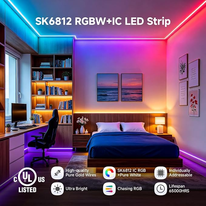 BTF-LIGHTING RGB+Natural White SK6812 LED Strip 3.28FT 144LED IP65 DC12V | RGBW Individually Addressable UL Listed 4 Colors in 1 Light (Similar WS2812B) White PCB(No Adapter or Controller)