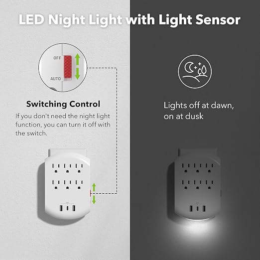 BN-LINK Outlet Extender, Multi Plug Outlets with 6 Outlets 3 USB Ports (3.4A Total), Dusk-to-Dawn Sensor Night Light, Outlet Splitter with Top Phone Holder, for Traveling, Home, School, Office