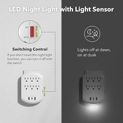 BN-LINK Outlet Extender, Multi Plug Outlets with 6 Outlets 3 USB Ports (3.4A Total), Dusk-to-Dawn Sensor Night Light, Outlet Splitter with Top Phone Holder, for Traveling, Home, School, Office