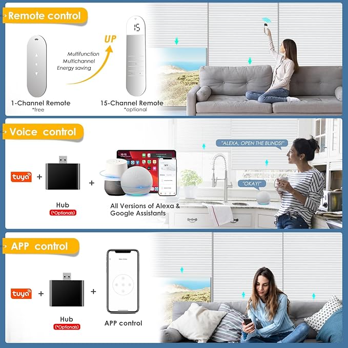 Motorized Cellular Shades with Remote Control, Blackout Electric Smart Blinds(Free Solar Panel) with Cordless, Windows Automatic Honeycomb Blinds, with Alexa Google, White, 30"× 64"