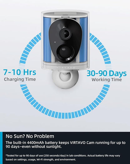 VIRTAVO SolarFlask 2K Solar Security Cameras Wireless Outdoor, Starlight Lens, Color Night Vision, PIR Motion Detection, Battery-Powered, 2-Way Audio, Weatherproof, Cloud/SD Storage, 2.4GHz WiFi