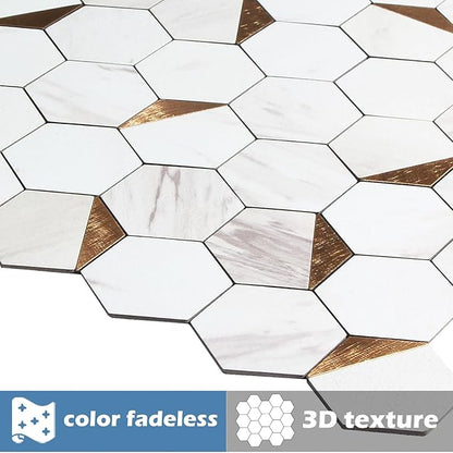 10-Sheet Hexagon Peel and Stick Backsplash Tile,12x12 inches Carla White Mixed Metal 3D PVC Wall Tiles Stick on Backsplash for Kitchen and Bathroom