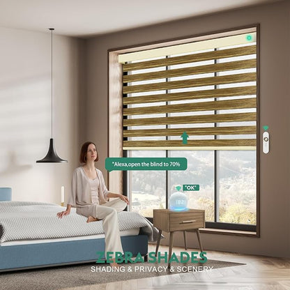 Motorized Zebra Blinds with Remote [Dual Layer + Light Filtering] 60% Blackout Smart Shades for Indoor Windows, Alexa Google and HomeKit Compatible, Customized Size, Woven Desert