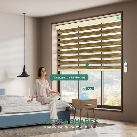 Motorized Zebra Blinds with Remote [Dual Layer + Light Filtering] 60% Blackout Smart Shades for Indoor Windows, Alexa Google and HomeKit Compatible, Customized Size, Woven Desert