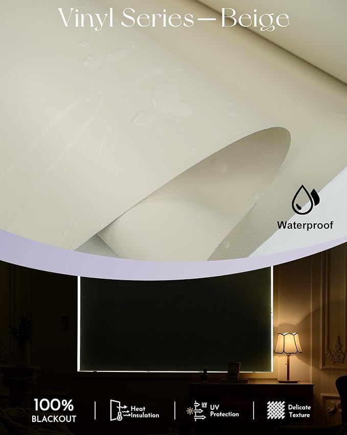 Graywind Motorized Roller Shades 100% Blackout Compatible with Alexa Google Waterproof Vinyl Cordless Remote Smart Blinds with Valance, Custom Size (A-Beige)