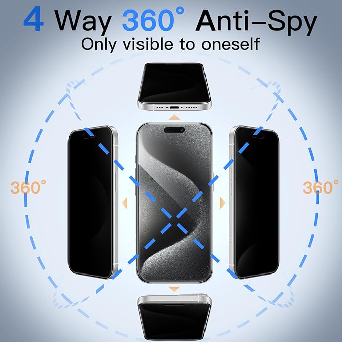 JETech 360 Degree Privacy Screen Protector for iPhone 15 Pro 6.1-Inch, 4-Way Anti-Spy Tempered Glass Film with Easy Installation Tool, 2-Pack