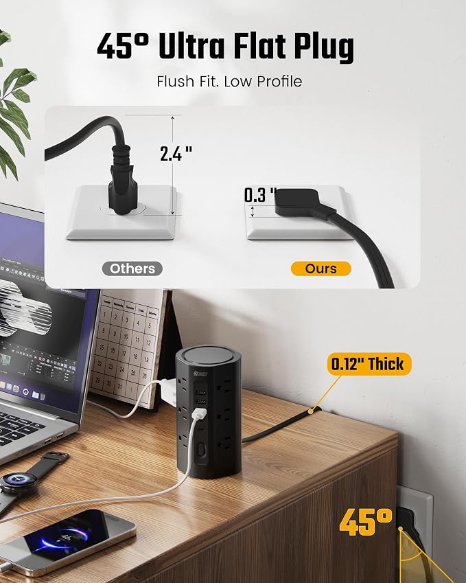 SUPERDANNY Tower Power Strip, 20Ft Extension Cord, 1700J, 12 AC 5 USB,Black | 3 USB A, 2 USB C, Surge Protector Power Tower, Flat Plug, Desk Charging Station with Multiple Outlets, Home Office Dorm Room
