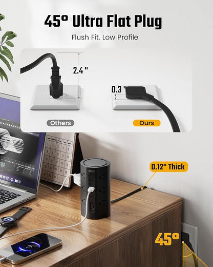SUPERDANNY Tower Power Strip, 15Ft Extension Cord, 1700J, 12 AC 5 USB,Black | 3 USB A, 2 USB C, Surge Protector Power Tower, Flat Plug, Desk Charging Station with Multiple Outlets, Home Office Dorm Room