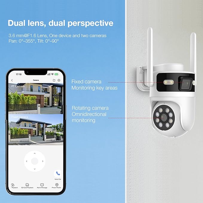 6MP Dual Lens Solar Security Cameras Wireless Outdoor, AOV 24/7 Recording Cameras for Home Security with 360° View, APP Alarm, Auto Tracking, Night Vision, Dual-Band WiFi, IP65, 8W Solar Panel