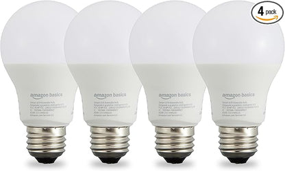 Amazon Basics Smart A19 LED Light Bulb, Dimmable Soft White (2700K), 9W (60W Equivalent), 800LM, Energy Efficient, Works with Alexa Only, 2.4 GHz Wi-Fi, No Hub Required, 4-Pack