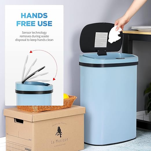 13 Gallon 50 Liter Garbage Can Kitchen Trash Can with Lid Automatic Sensor Touch Free Stainless Steel Waste Bin for Bathroom Bedroom Home Office (Blue)