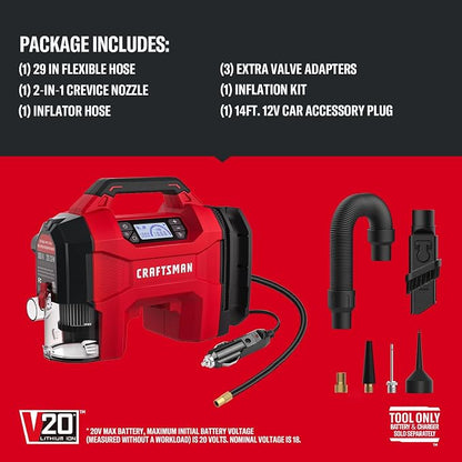 CRAFTSMAN 3-in-1 Tire Inflator, 160PSI Portable Air Compressor/Car Vacuum/Dust Blower, 20V Cordless & 12V Car Power, Air Pump with LED Light for Cars Trucks RV Tires (Battery Sold Separately)