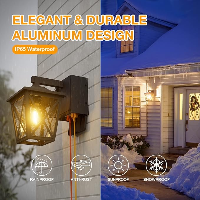 Ehaho Porch Light with Outlet, Dusk to Dawn Outdoor Light with Outlet Built-in, Waterproof Anti-Rust Lantern Outside Lights with GFCI Outlet, Wall Sconce Light for Front Door (Black 2 PCS)