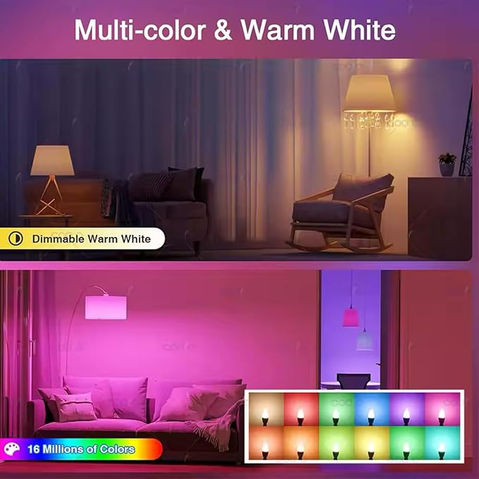 Smart Light Bulb, Candlestick LED Bulb, Pendant Light Bulb, E27 Base, dimmable and RGB Color Changing, with Remote Control, 4-Pack