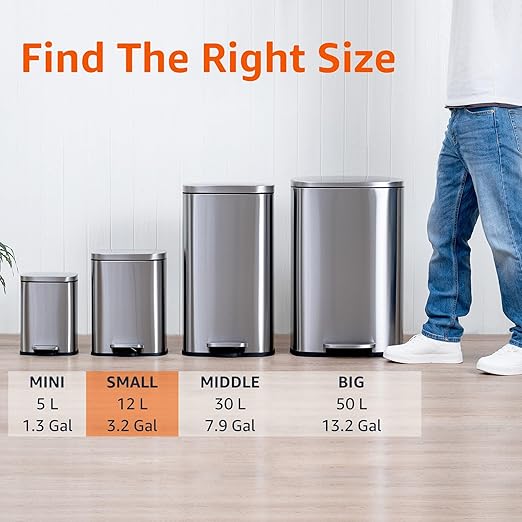 Amazon Basics SMALL Trash Can, 3.1 Gallon (12L), Smudge Resistant Rectangular Bin with Soft-Close Lid, Step Foot Pedal, Removable Inner Bucket, Brushed Stainless Steel, Satin Nickel Finish