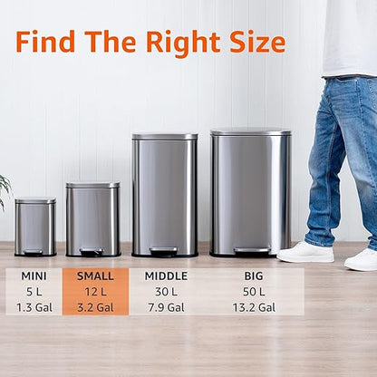 Amazon Basics SMALL Trash Can, 3.1 Gallon (12L), Smudge Resistant Rectangular Bin with Soft-Close Lid, Step Foot Pedal, Removable Inner Bucket, Brushed Stainless Steel, Satin Nickel Finish