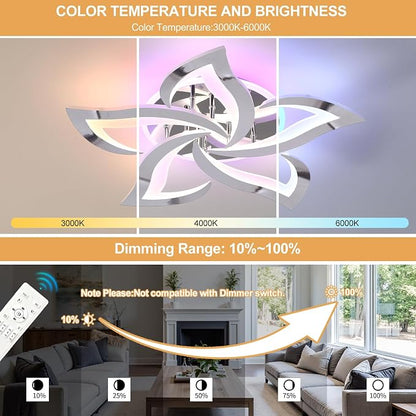 50W Modern LED Ceiling Light, Dimmable Flush Mount Fixture | Modern Flower Design, Remote Control, 3000-6000K Adjustable Light, RGB Ambient Backlight for Bedroom Living Room Dining Room