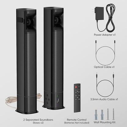 Sound Bar for Smart TV, 80W 2.0 Channel Detachable Soundbar with Optical/ARC/AUX/Bluetooth, Surround Sound System for Home Theater, Wall Mountable or Desktop TV Speaker.