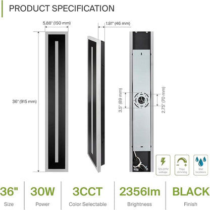 ASD LED 36" Long Wall Mount Light Fixture, Outdoor & Indoor Linear Sconce | 3CCT, Dimmable, Waterproof, Anti-Rust, ETL Listed | 30W 1850LM 3000-5000K 100-277V | Exterior Porch Lighting | Black, 2 Pack