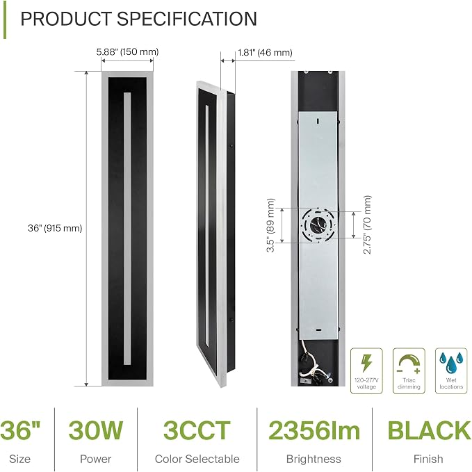 ASD LED 36" Long Wall Mount Light Fixture, Outdoor & Indoor Linear Sconce | 3CCT, Dimmable, Waterproof, Anti-Rust, ETL Listed | 30W 1850LM 3000-5000K 100-277V | Exterior Porch Lighting | Black